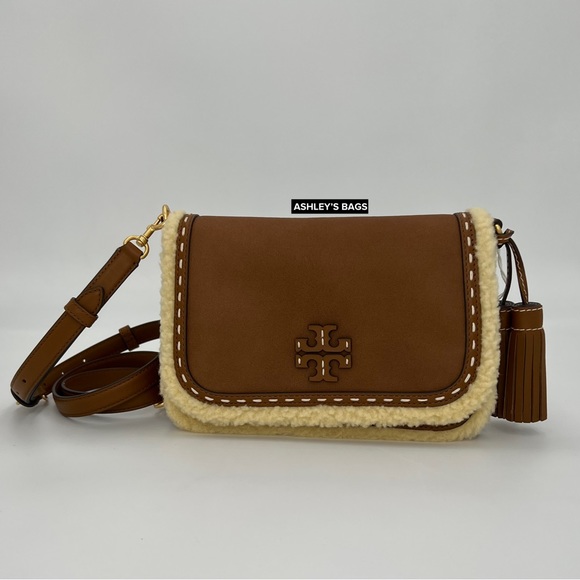 Tory Burch Thea Shearling Flap Crossbody In Moose Brown - Picture 2 of 9